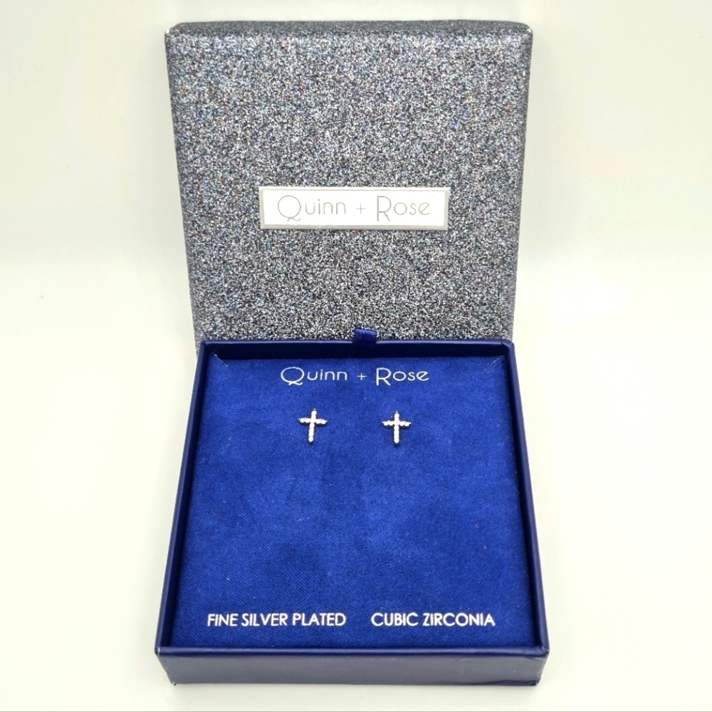 Quinn & Rose Cross Earrings Silver Plated Cubic Zirconia